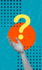 Creative hand reaching for a large question mark against a vibrant background