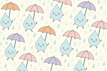 Cute cartoon water drops with umbrellas enjoying the rain in a cheerful pattern