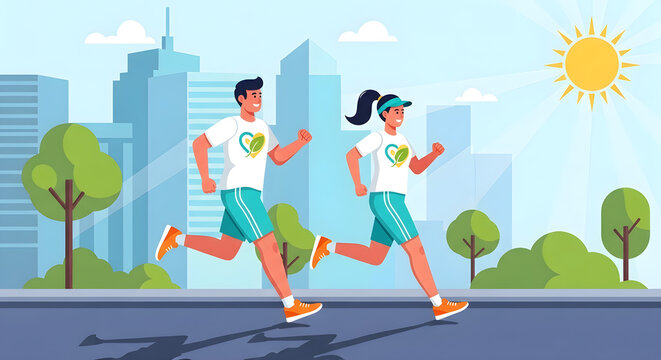 Active couple running a marathon or jogging together in the city on a sunny day illustration