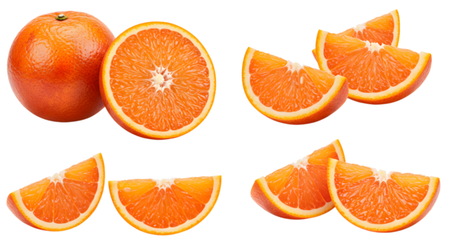 Fresh ripe mandarin orange fruit whole and sliced segments isolated on white background, healthy snack concept - Powered by Adobe