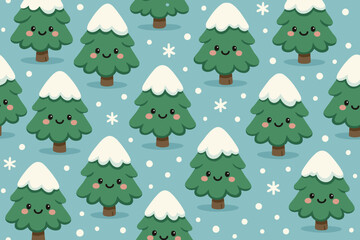 Cute cartoon christmas trees with snow on top and smiling faces seamless pattern