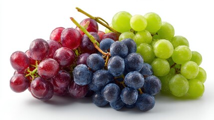 Fresh colorful grape varieties with water droplets arranged on white background, showing red, blue and green clusters with natural stems and vivid colors