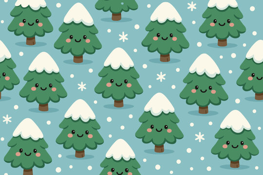 Cute cartoon christmas trees with snow on top and smiling faces seamless pattern