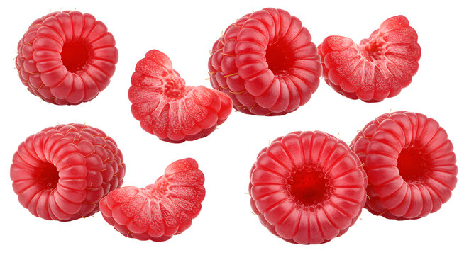 Fresh ripe raspberries isolated on white background, healthy antioxidant fruit perfect for smoothies and desserts