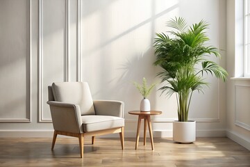 A cozy, lightfilled living room corner featuring a comfortable armchair, a small side table with a plant, and elegant wall paneling, creating a modern and inviting space