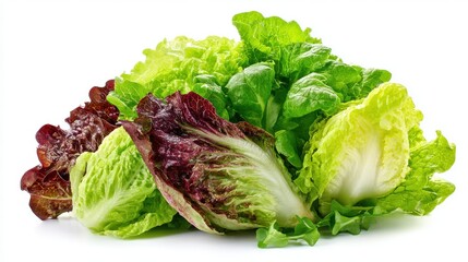 Fresh variety of colorful lettuce heads including green romaine and red leaf lettuce on white background, healthy vegetables
