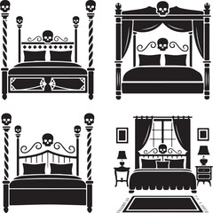 Spooky Halloween Bed Collection Featuring Skulls on Headboards and Bedposts Dark and Eerie Bedroom Decorations for Holiday