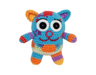 cute handmade crochet monster cat toy, colorful yarn, isolated on transparent background, png