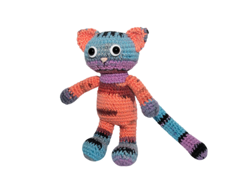 cute handmade crochet monster cat toy, colorful yarn, isolated on transparent background, png