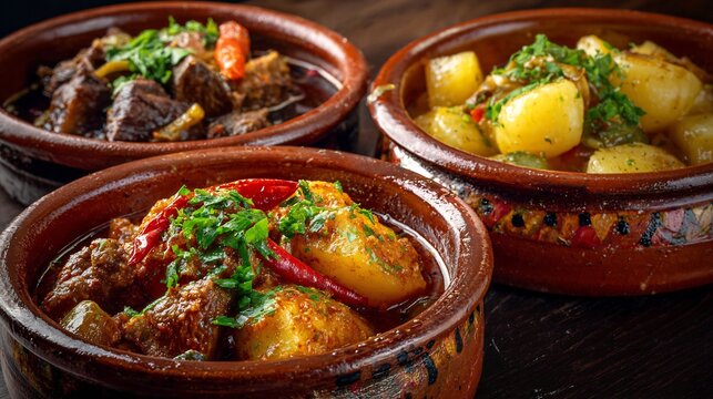 Caldereta de Cordero Spanish lamb stew potatoes and paprika rustic countryside dish hearty clay pot serving left to right