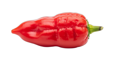 Single fresh ripe red Bhut Jolokia ghost pepper isolated on white. PNG Transparent