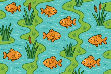 Seamless pattern of cute cartoon goldfish swimming in a blue wavy river with green reeds and cattails
