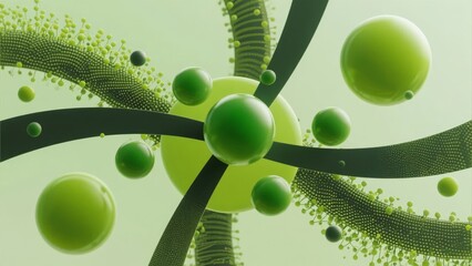 Abstract green molecular structure with spherical elements and interconnected strands
