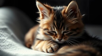 Adorable Orange Tabby Kitten Resting Peacefully: Cute Furry Domestic Pet in Cozy Home Setting