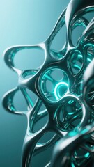 Abstract organic structure with glowing teal nodes and fluid metallic surfaces