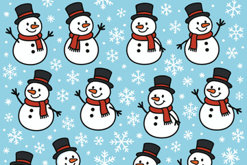 Cute cartoon snowmen wearing top hats and scarves in a winter wonderland with snowflakes