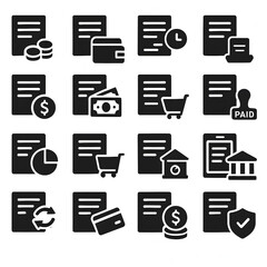 Black silhouette icon collection for financial transactions, banking operations, payment receipts, invoices, and digital money reports. Best for fintech UI, accounting apps, and business dashboard vis