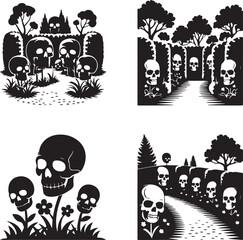 Spooky Skull Collection in Black and White Vector Art for Halloween and Gothic Designs