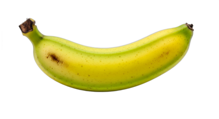 A single fresh yellow banana with green tips isolated on a white background. PNG Transparent