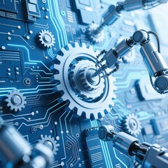 Mechanical gears and robotic arms integrated into a circuit board design