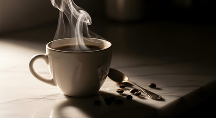 A steaming cup of coffee sits on a marble counter with a spoon nearby