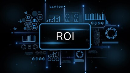 Digital financial analytics interface displaying R O I with glowing charts graphs and data visualizations on a dark blue futuristic background representing business growth and investment . 4k animated - Powered by Adobe
