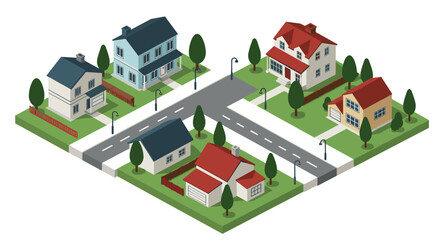 Isometric neighborhood with colorful houses and trees on a crossroad