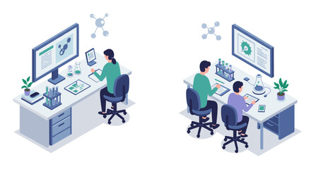 Isometric laboratory research scene with scientists analyzing data on computers