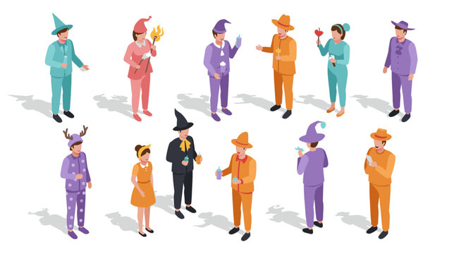 Isometric characters in unique costumes engaging in various activities