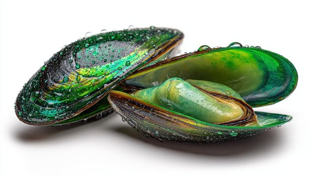 Fresh New Zealand green lipped mussels with water droplets on white background showing iridescent shells and soft interior