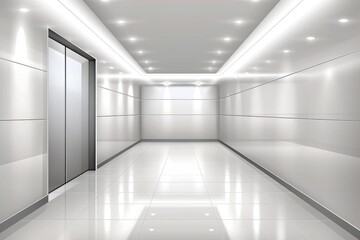 modern white elevator hall with clean design, lights, and grey tiles in 2D vector illustration