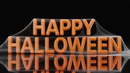Happy Halloween Greeting in Dramatic 3D Style: The festive words Happy Halloween rise from a smoky mist, draped with a delicate spiderweb, against a dark background.