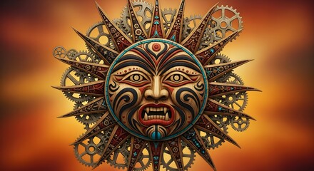 Fierce Tribal Sun Mask with Mechanical Gears and Radiant Spikes, Blending Ancient Symbolism and Steampunk Aesthetics, Representing Power, Energy, and Artistic Fusion on a Fiery Background

