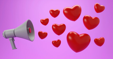 3d megaphone and heart icon symbol on pink background, 3D illustration