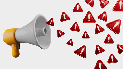 3D rendering of megaphone with exclamation sign for announce problem, fail notice, attention, warning on white background, information, communication beware concept