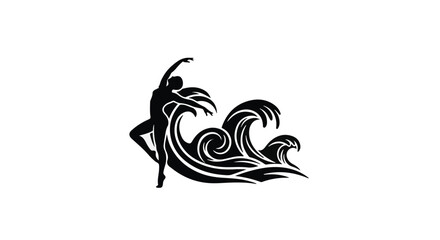 Graceful dancer in silhouette moves with stylized ocean waves