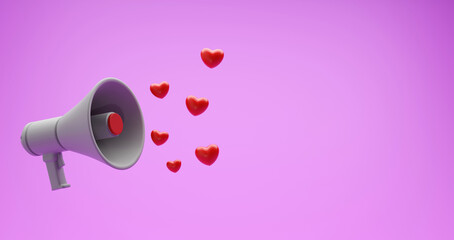 3d megaphone and heart icon symbol on pink background, 3D illustration