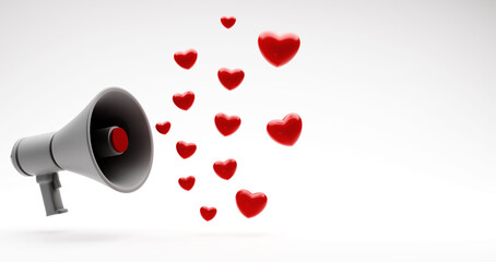 3d megaphone and heart icon symbol on white background, 3D rendering