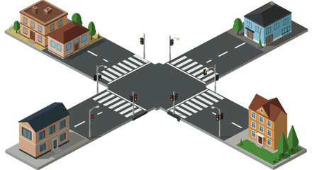 Isometric urban crossroad with traffic lights and buildings
