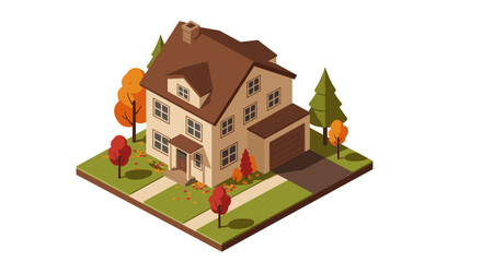 Isometric autumn house on plot with trees and garage