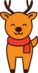  Cute Reindeer with Red Scarf, Christmas Cartoon Vector Icon.