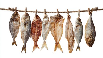 Dried fish hanging on rope with wooden clothespins against white background, traditional food preservation method displaying variety of salted seafood