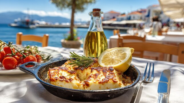Grilled halloumi cheese with golden crust served in cast iron skillet with lemon, rosemary and olive oil at Mediterranean seaside restaurant overlooking harbor