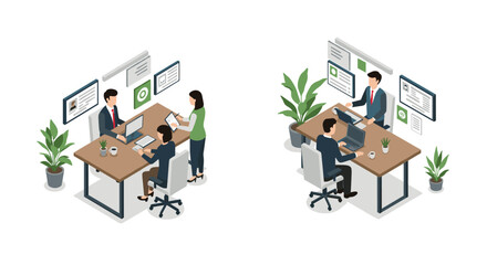Modern office isometric design with business professionals and digital workspace
