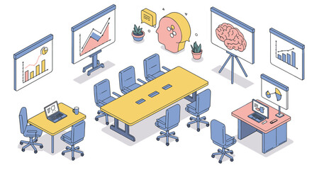 Isometric office workspace with business graphs and technology
