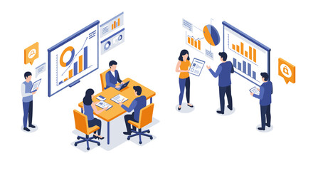Obraz premium Business team collaboration in isometric office setting with digital charts and data analysis