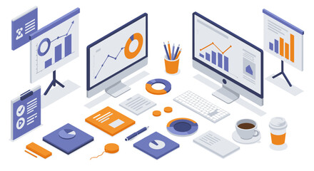 Obraz premium Modern office workspace with isometric business analytics and graphs