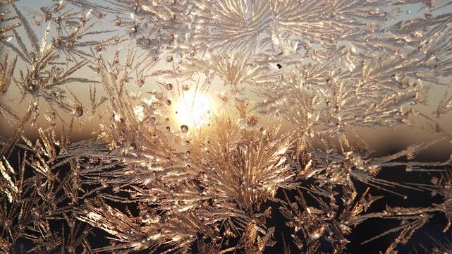 Sun shines through frost crystals on the glass. Warm sunlight through frozen window, pan right shot. Natural pattern in sub-zero temperatures.