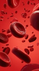 Red blood cells floating on bright red background