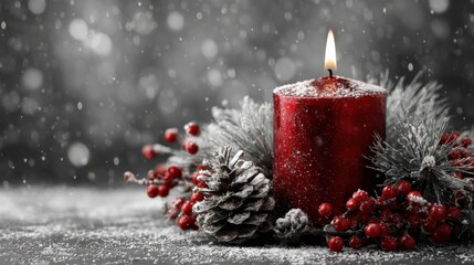 Red candle with pine cones and berries in winter snow
